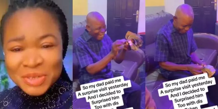 "See pure smile on his face" - Lady gifts dad wads of cash in video, his reaction melts hearts