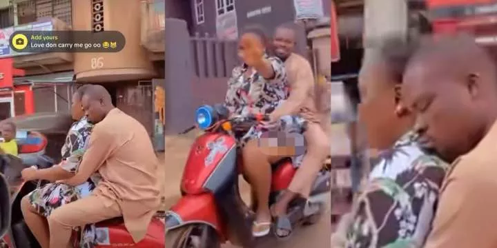 Nigerian man sweetly embraces wife while she drives motorcycle, captures hearts online