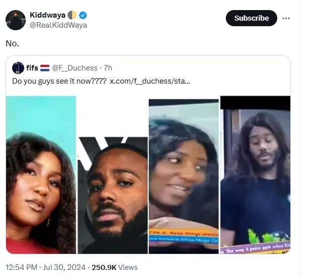 Kiddwaya reacts as man draws facial comparison between him and BBNaija's Nne