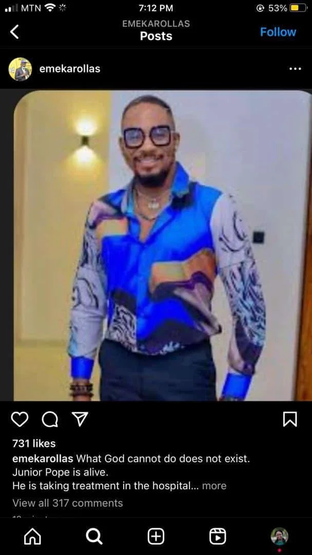 CONFIRMED: Nollywood actor Junior Pope is still alive, rushed to Asaba hospital