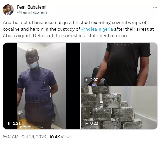 Businessmen excrete wraps of hard drugs after arrest at Abuja airport (video)