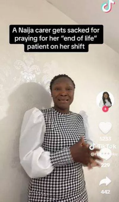 Nigerian nurse heartbroken after losing her job in the UK because she prayed for a sick person (Video)