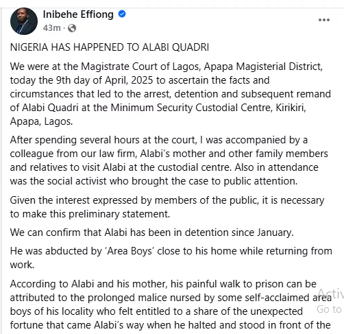 Lawyer shares fresh details on Alabi Quadri's case