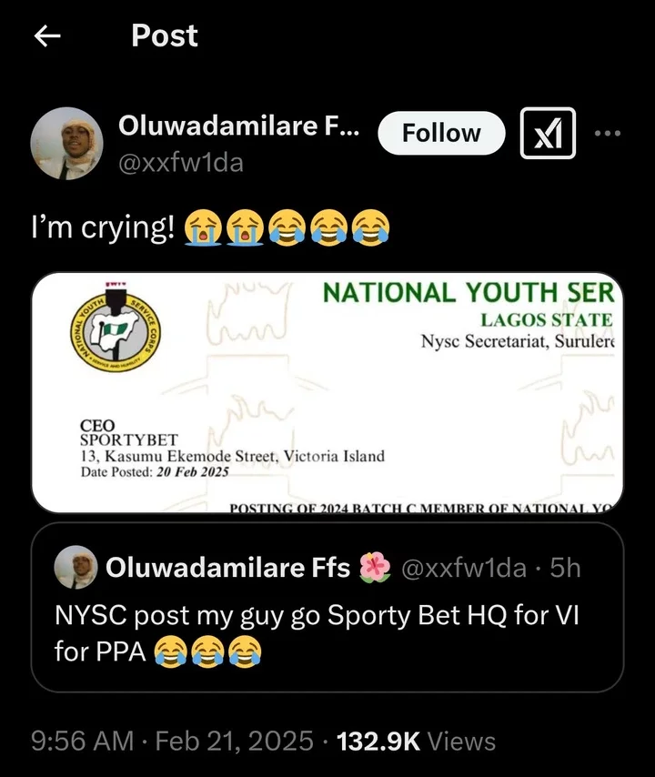 Man shocks internet as NYSC posts his friend to SportyBet headquarters for PPA