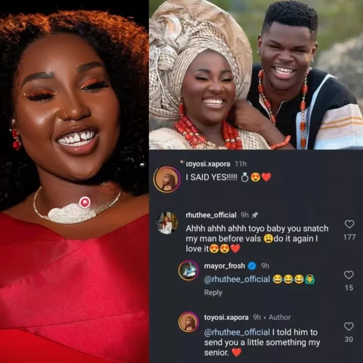 Rhuthee reacts to engagement photos of Toyosi and her 'man' Mayor Frosh