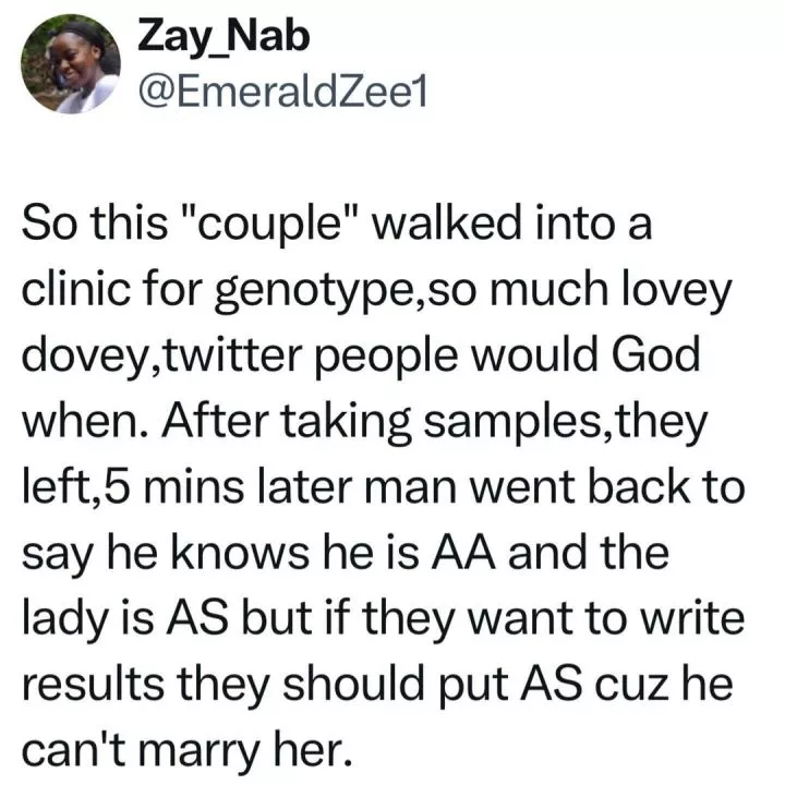 Man walks back to laboratory to ask that his genotype result of AA be changed to AS so he wouldn't marry girlfriend