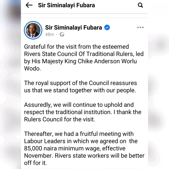 Gov Siminalayi Fubara Reacts After Traditional Rulers in the State Visited Him on Friday