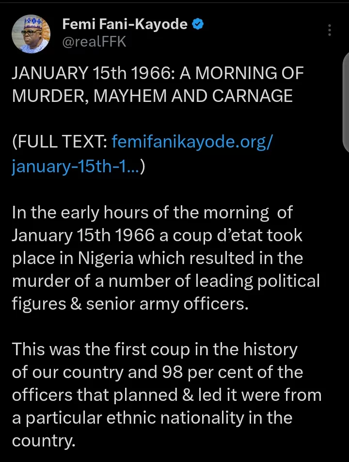 1966 Coup: 98% of Officers Who Planned and Led It Were from A Particular Ethnic Group- Fani Kayode