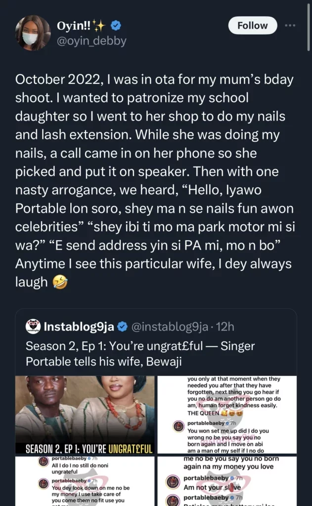 Lady shares unpleasant encounter with Portable's first wife, Bewaji