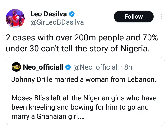 Leo Da Silva schools man who mocked Nigerian girls over Moses Bliss and Johnny Drille's marriage to foreign women
