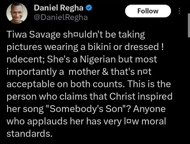 'She is a Nigerian and most importantly a mother' - Daniel Regha criticizes Tiwa Savage's bikini photos