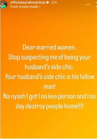 Sarah Martins begs married women to stop suspecting her of being their husband's side chic