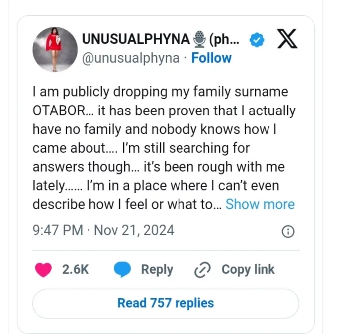 'I have no family,' BBNaija winner, Phyna drops surname