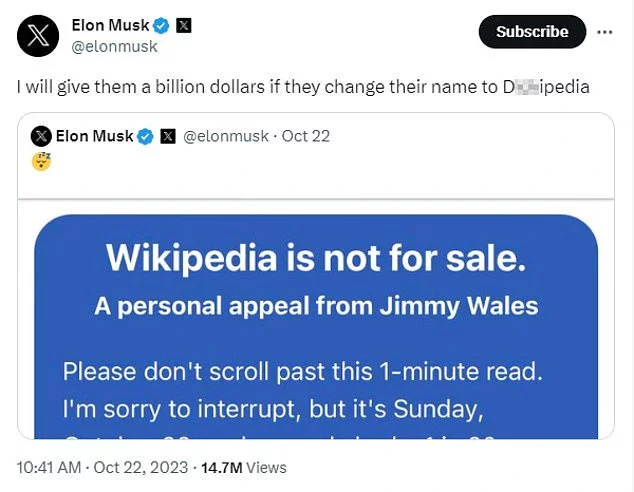 Wikipedia owner, Jimmy Wales  sends strong message after Elon Musk offers a billion dollars to change company