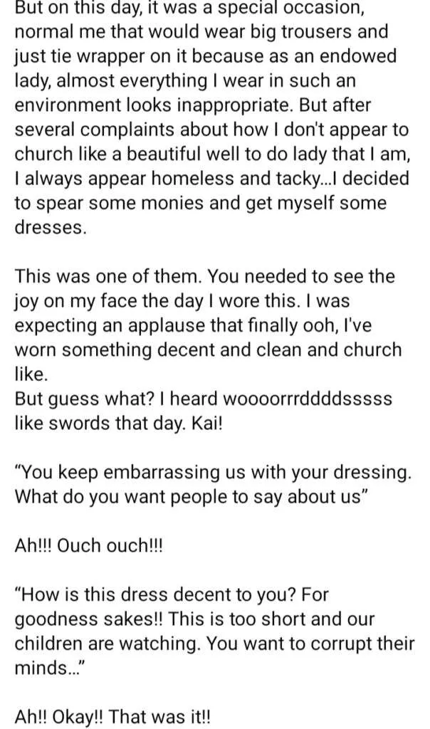 Lady recounts how she stopped going to church for over a year after being shamed for her 'indecent' dressing