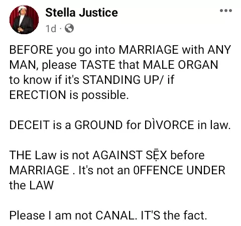 Before you go into marriage with any man, please taste the male organ to know if it's standing up - Nigerian lawyer advises women
