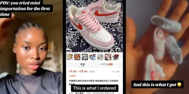 "Put am for water, e go rise" - Online shopping surprise as Nigerian lady's 2-yuan shoe order ends in micro-footwear