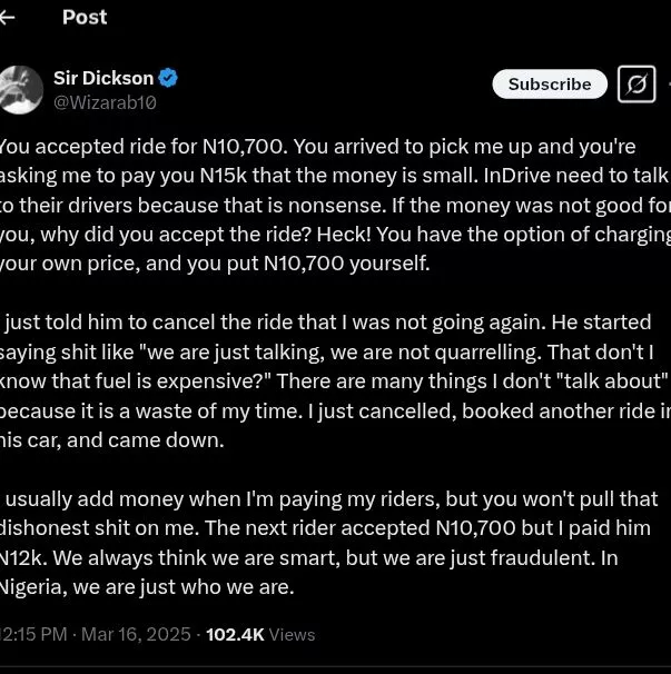 Influencer fumes as indrive driver demands ₦4,300 extra on ₦10,700 fare