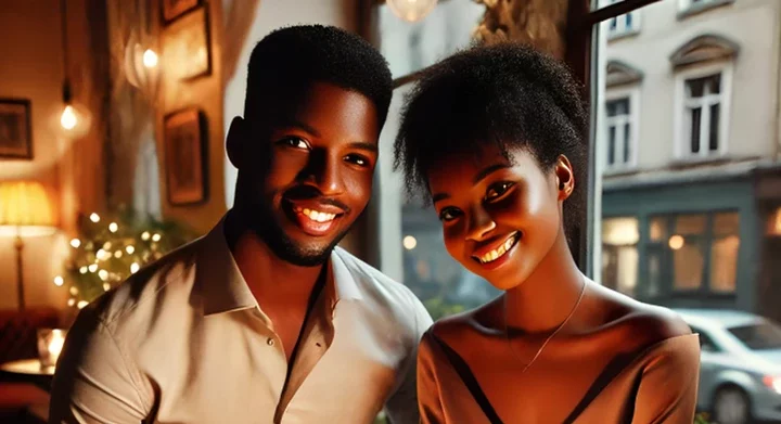 An AI-generated image of  A warm and romantic scene of an African young couple on a date in a cozy café