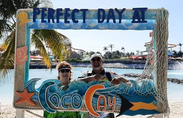 Helen and Norman said there is 'nothing' holding them back from living on a cruise ship full-time. Here they are pictured at CocoCay, an island in the Bahamas reserved exclusively for use by Royal Caribbean cruise ships