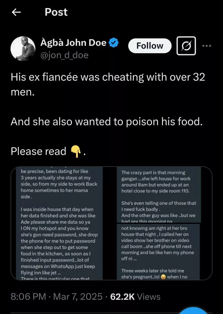 Man exposes fiancée's secret affairs with 32 men, learns of pregnancy