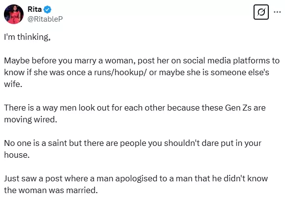 'Before you marry a woman, post her to know if she was once into runs' - Lady advises men