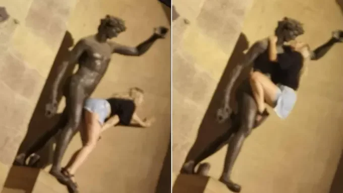 Tourist filmed kissing and grinding against statue of Bacchus, the god of wine and sensuality in Italy (photos)