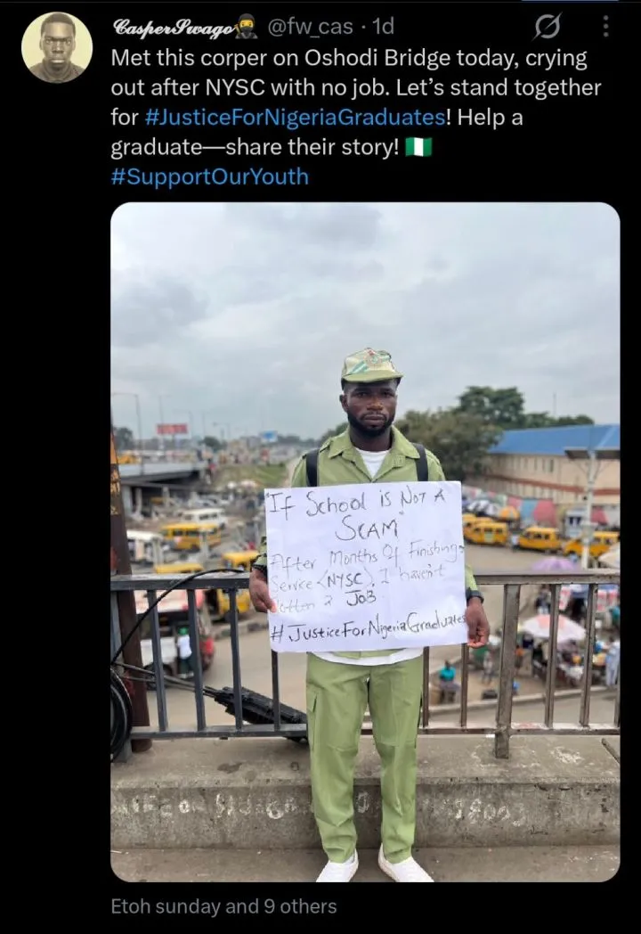 Corps member begs for job on Oshodi Bridge months after NYSC with no employment