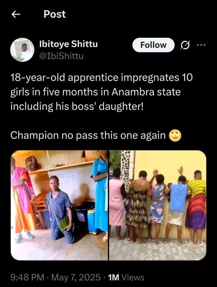 Pregnant-a-thon: Photo of apprentice who got 10 girls pregnant in 5 months causes stir online