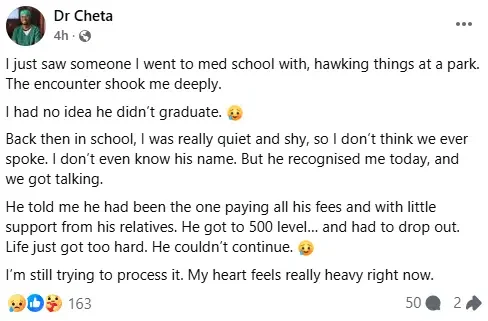 Doctor heartbroken after encountering ex med school classmate who now hawks