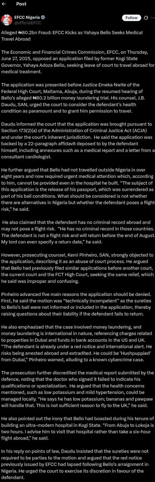 Yahaya Bello seeks medical trip abroad amid ₦80.2bn fraud case