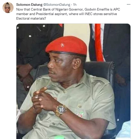 Where will INEC store sensitive electoral materials now that CBN Governor is an APC member and presidential aspirant - Former Minister, Solomon Dalung asks