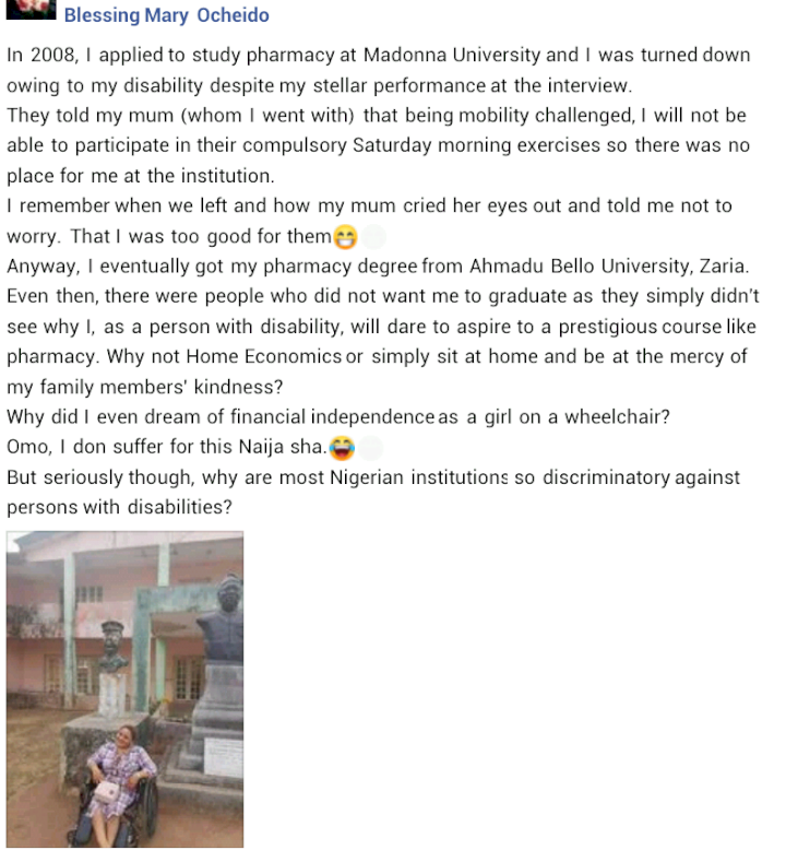 'I was denied admission into a university due to my disability' - Physically challenged lady shares success story