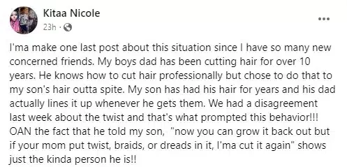 Lady calls out baby daddy for spitefully cutting son's dreads