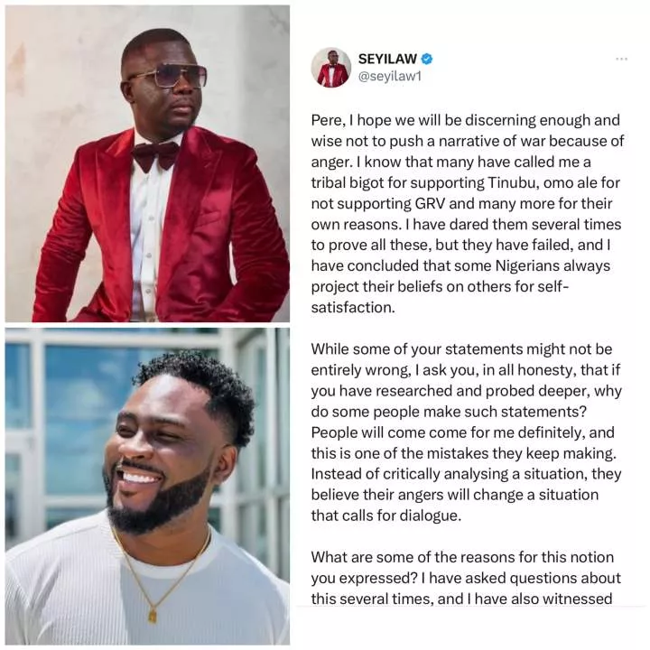 Some Igbos also propagate hate and don?t have respect for hierarchy or authority - Seyi Law reacts to Pere Egbi?s tweet on 