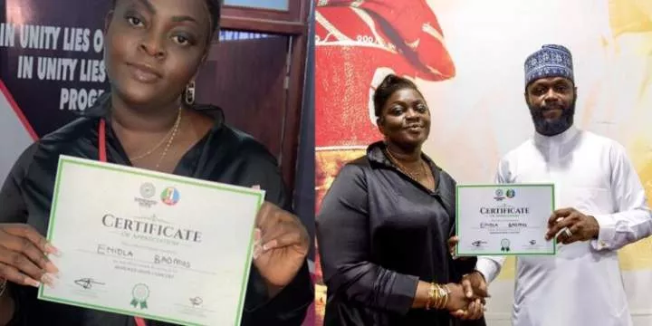 Actress, Eniola Badmus receives certificate of appreciation for her contribution to President Tinubu's concert