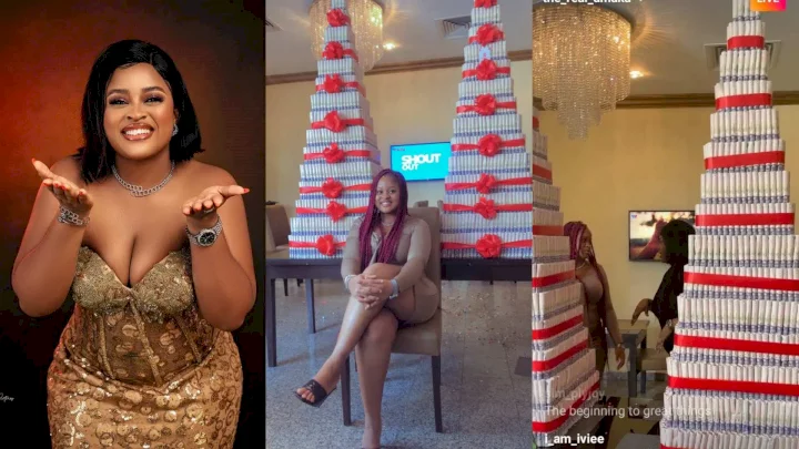 Amaka beams with joy as she receives gigantic money cake from fans (Video)