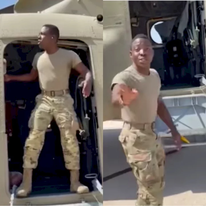 Hilarious video of Lagos-raised US military officer acting like a Lagos bus conductor while on a US military jet