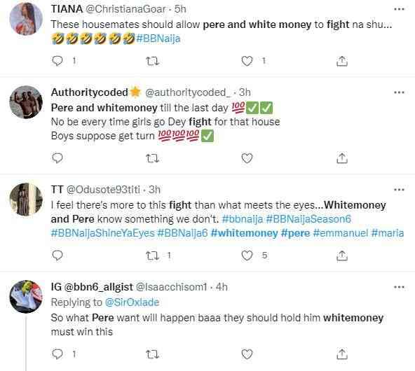 #BBNaija: 'I wish Biggie can allow them to fight without disqualification' - Reactions as Whitemoney and Pere fight dirty in the house