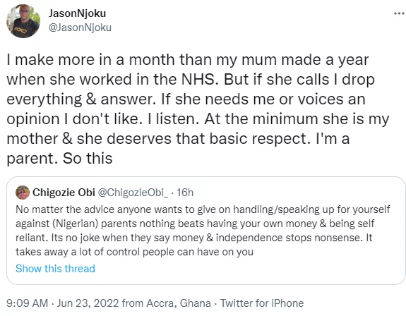 I make more in a month than my mum made a year when she worked in the NHS. But if she calls I drop everything and answer- Iroko TV boss writes .