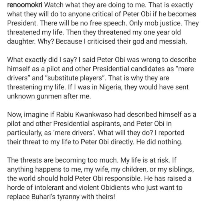 'My life is at risk. If anything happens to me, my wife or children, the world should hold Peter Obi responsible' - Reno Omokri cries out as #banRenoOmokri trends online