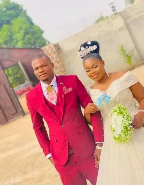 'God when!' - Netizens gush as man celebrates his marriage; recounts how his wife sold her phone just to pay his school fees (Photos)