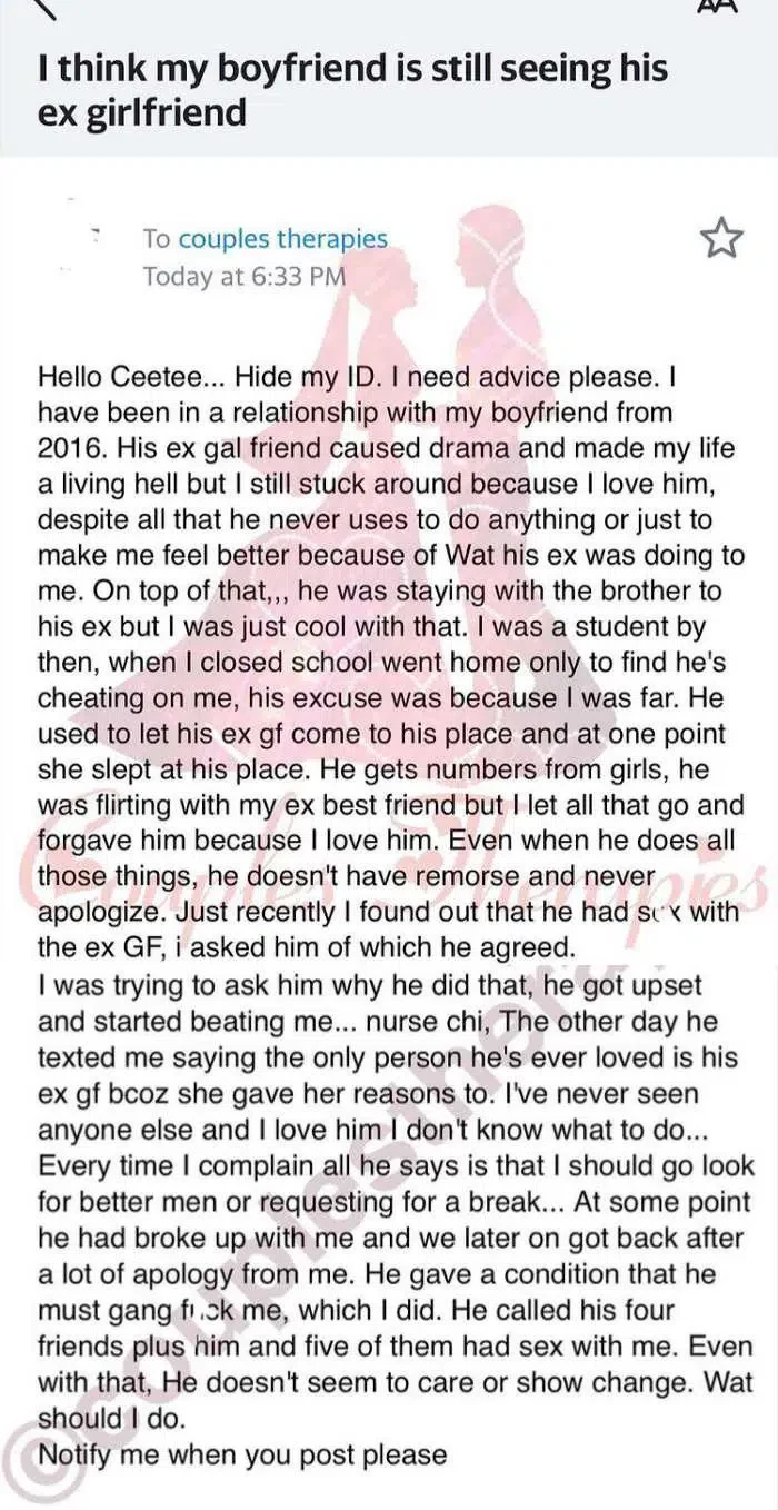 Lady seeks advice on six years relationship with cheating boyfriend who is yet to move on from ex