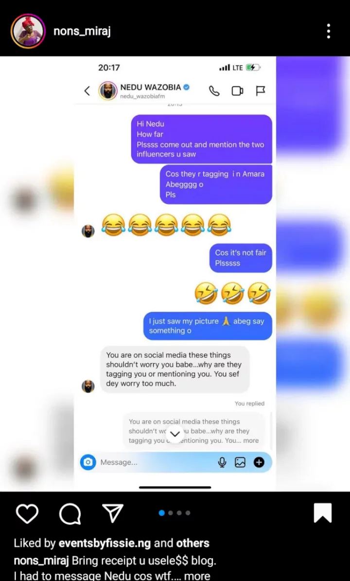 Leaked chat between Nons Miraj and Nedu Wazobia surfaces amid accusations of affair with Dino Melaye