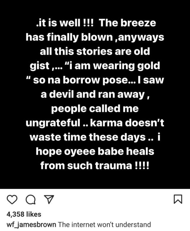 'Breeze has finally blown' - James Brown writes after Bobrisky's former P.A released fresh allegations