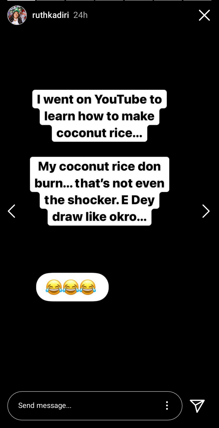 'My coconut rice draw like Okro' - Actress, Ruth Kadiri laments how learning from YouTube tutorial failed her