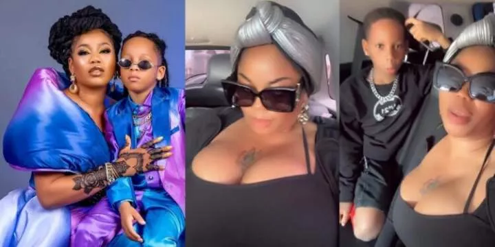 "What's your own?" - Toyin Lawani rebukes son Tenor for telling her to cover her cleavage (video)