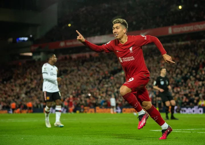 epa10505436 Liverpool's Roberto Firmino celebrates after scoring the 7-0 goal during the English Premier League soccer match between Liverpool FC and Manchester United in Liverpool, Britain, 05 March 2023. EPA/Peter Powell EDITORIAL USE ONLY. No use with unauthorized audio, video, data, fixture lists, club/league logos or 'live' services. Online in-match use limited to 120 images, no video emulation. No use in betting, games or single club/league/player publications