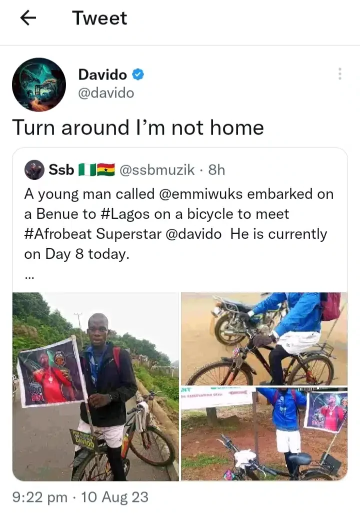 Reactions trail Davido's harsh response to diehard fan who's riding bicycle from Benue to Lagos to see him