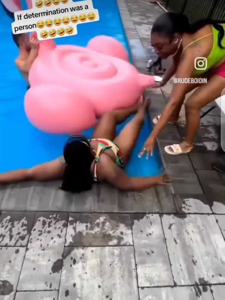 'For a moment, I forgot my sorrows' - Netizens react as a lady falls hilariously during an attempt to climb poolside Ostrich (Video)
